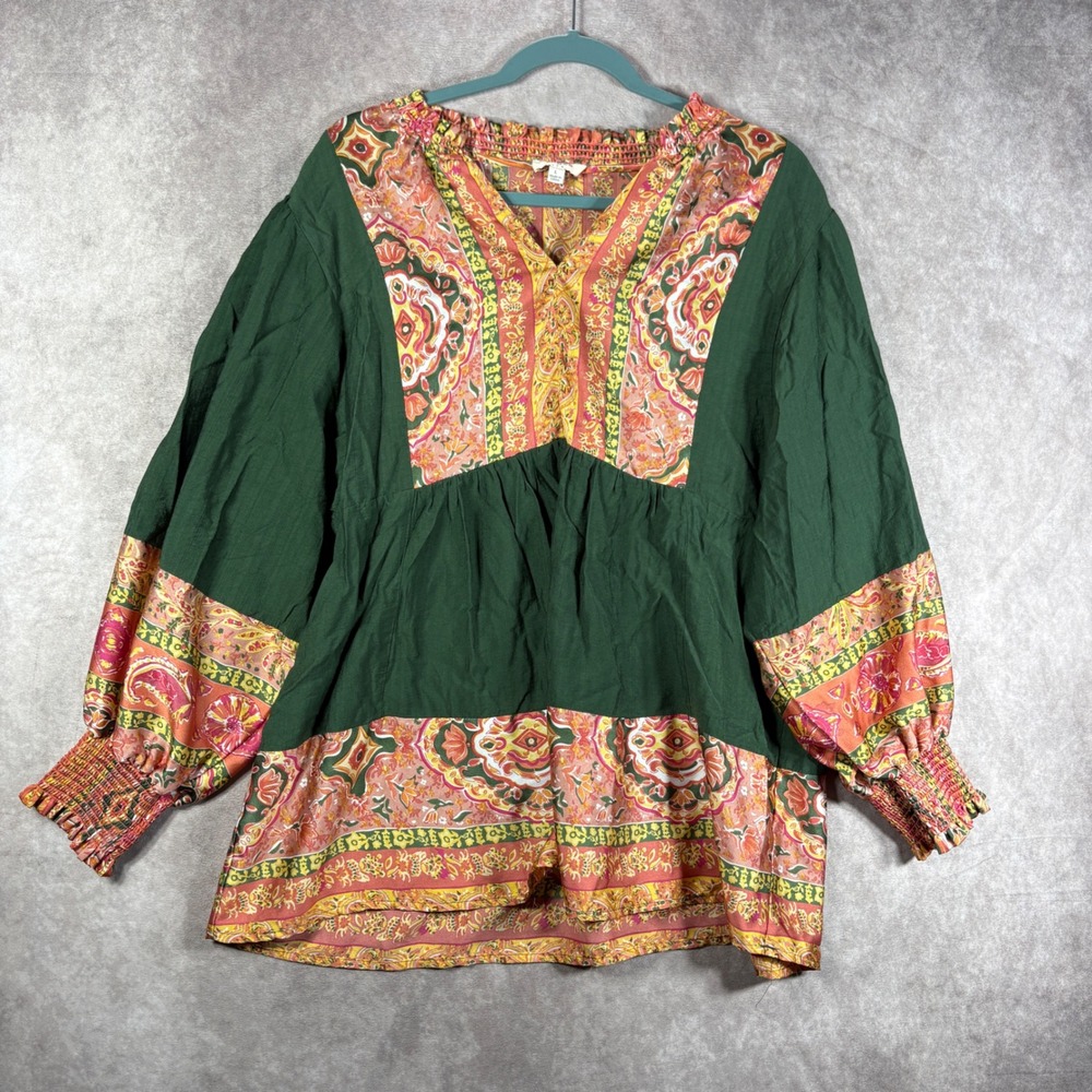 Umgee Tunic Top Womens Large Green Paisley Boho Peasant Smocked Balloon Sleeve